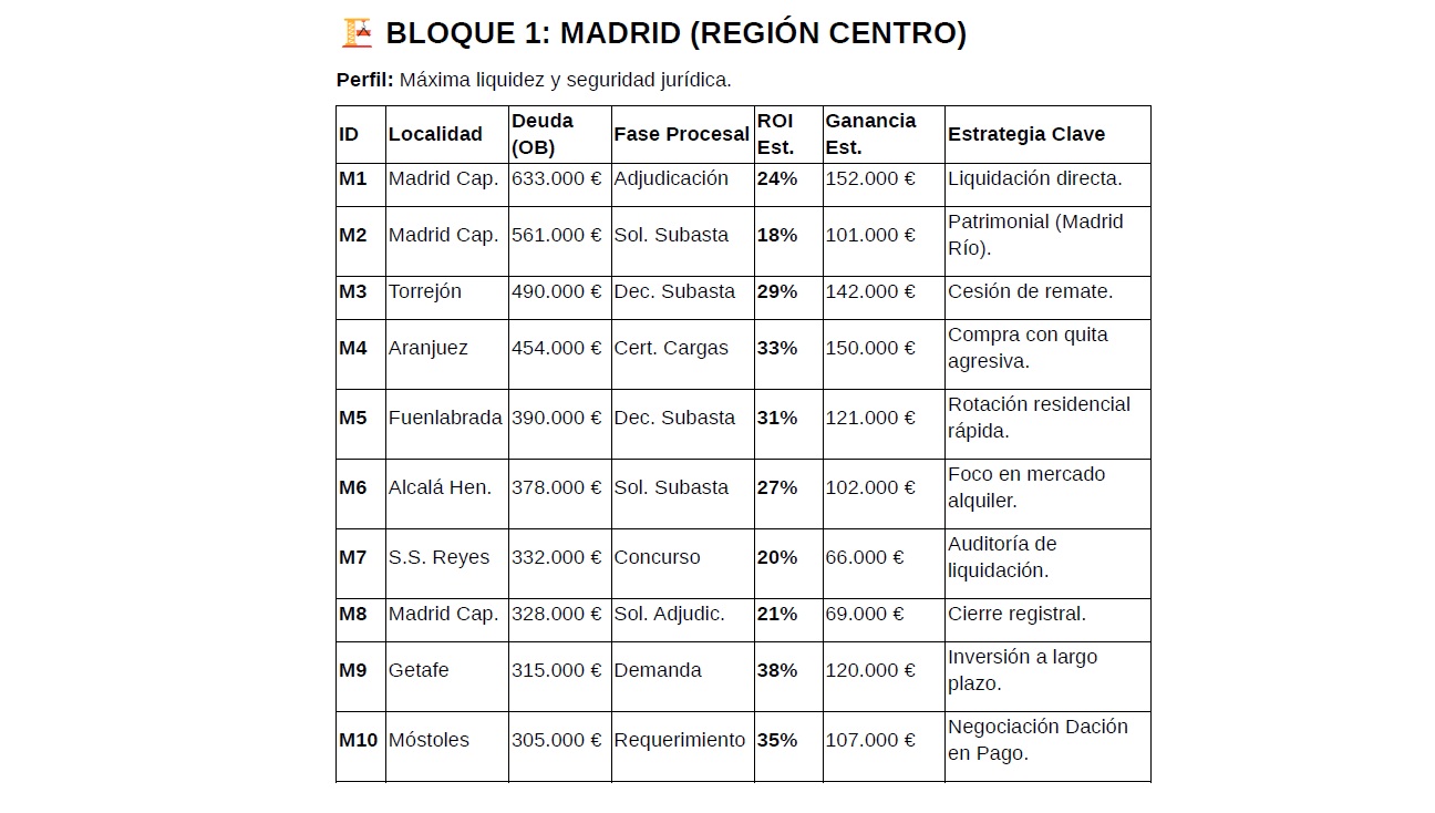 Oportunidades seleccionadas Madrid NPL