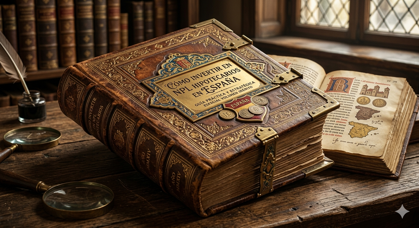 crear una imagen de un libro antiguo como una libro especial e incunable que tenga el titulo de Cómo invertir en NPL hipotecarios en España
