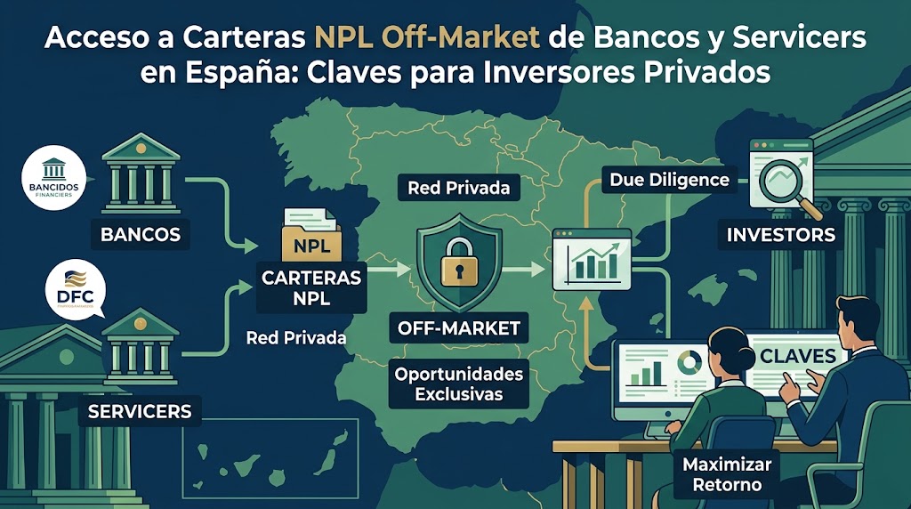 Explicación de las vías de originación de carteras bancarias fuera de los portales públicos y subastas judiciales abiertas, detallando la relación con servicers de primer nivel y la ventaja de la compra directa.